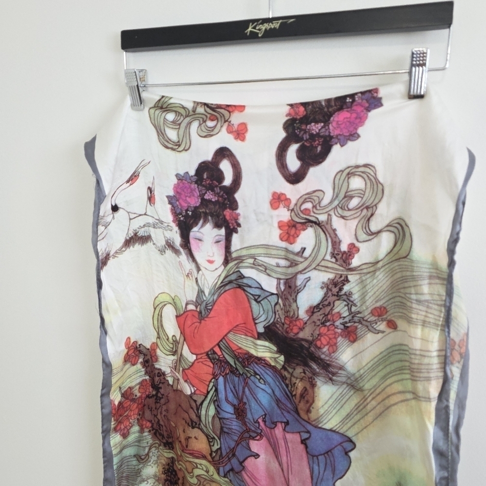 Vintage Japanese Geisha Print Fine Silk Scarf Shawl - Picture 2 of 7